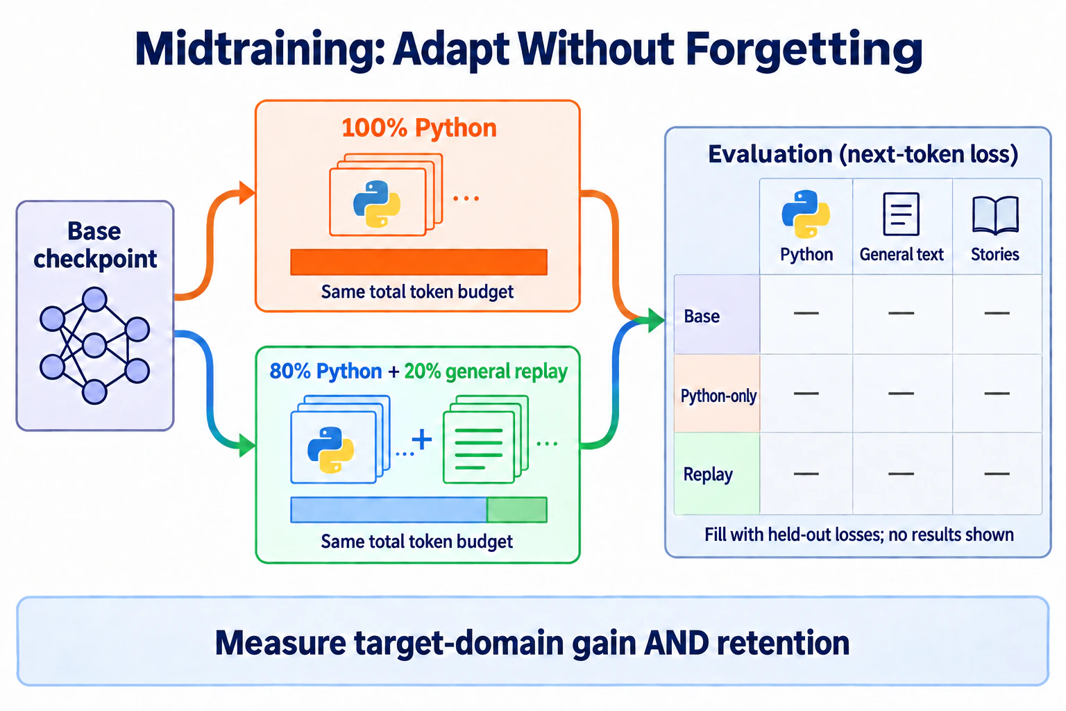 One base checkpoint forks into Python-only and Python-plus-replay midtraining branches, then both meet again at a three-domain evaluation table balancing adaptation against retention.