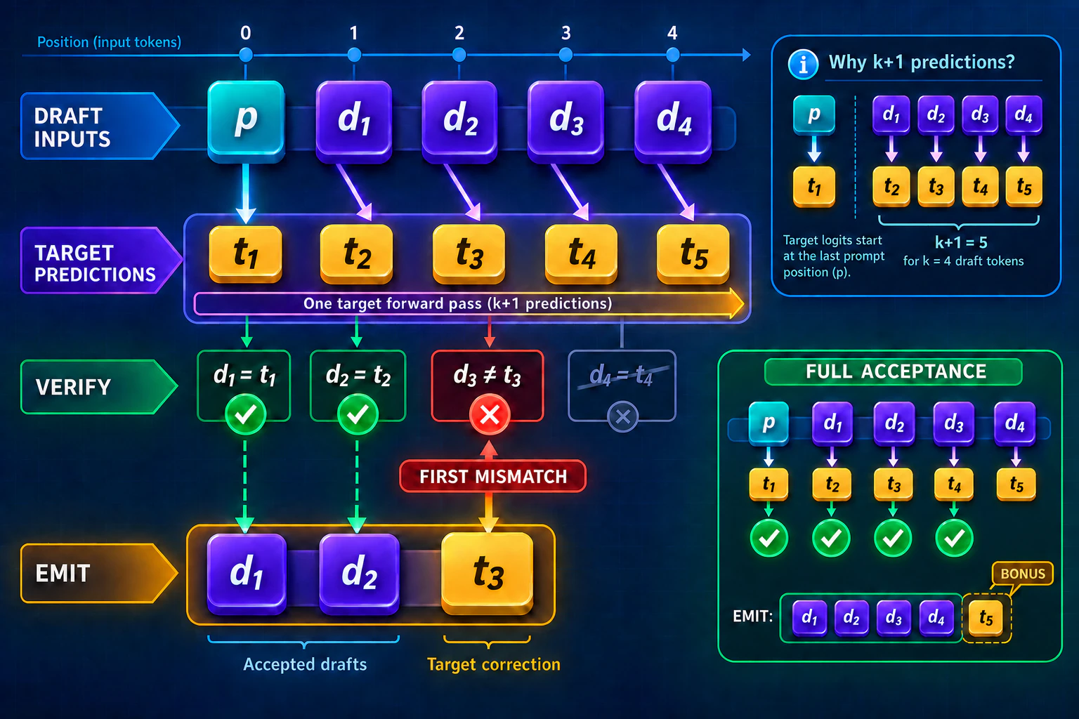 A position-alignment diagram shows the last prompt token and four draft inputs producing five target predictions in one pass, then accepts only the matching prefix and emits either the first correction or a bonus token after full acceptance.