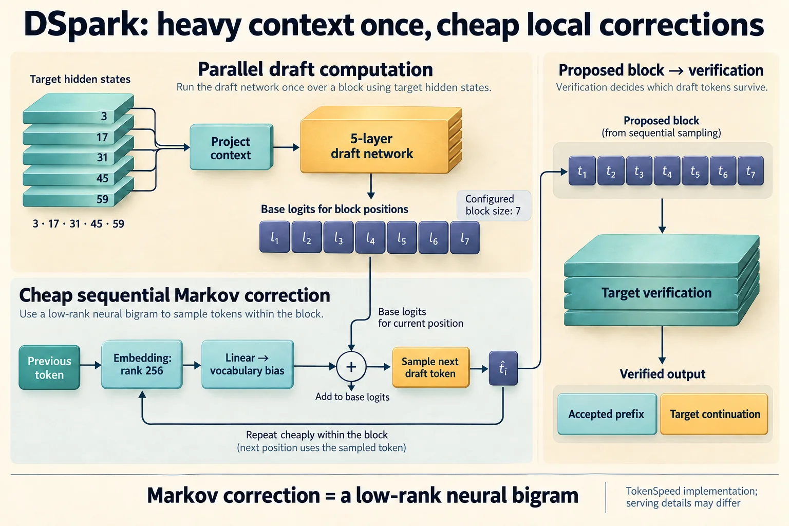 DSpark projects hidden states from five target layers into one draft-network pass, then uses a rank-256 neural bigram to bias successive draft-token samples cheaply before the target verifies the proposed block.