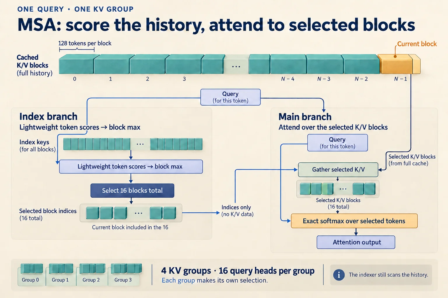 For one query and KV group, MSA scores the full history cheaply, max-pools token scores into block scores, selects 16 blocks including the current block, and gathers their K/V for exact softmax attention.