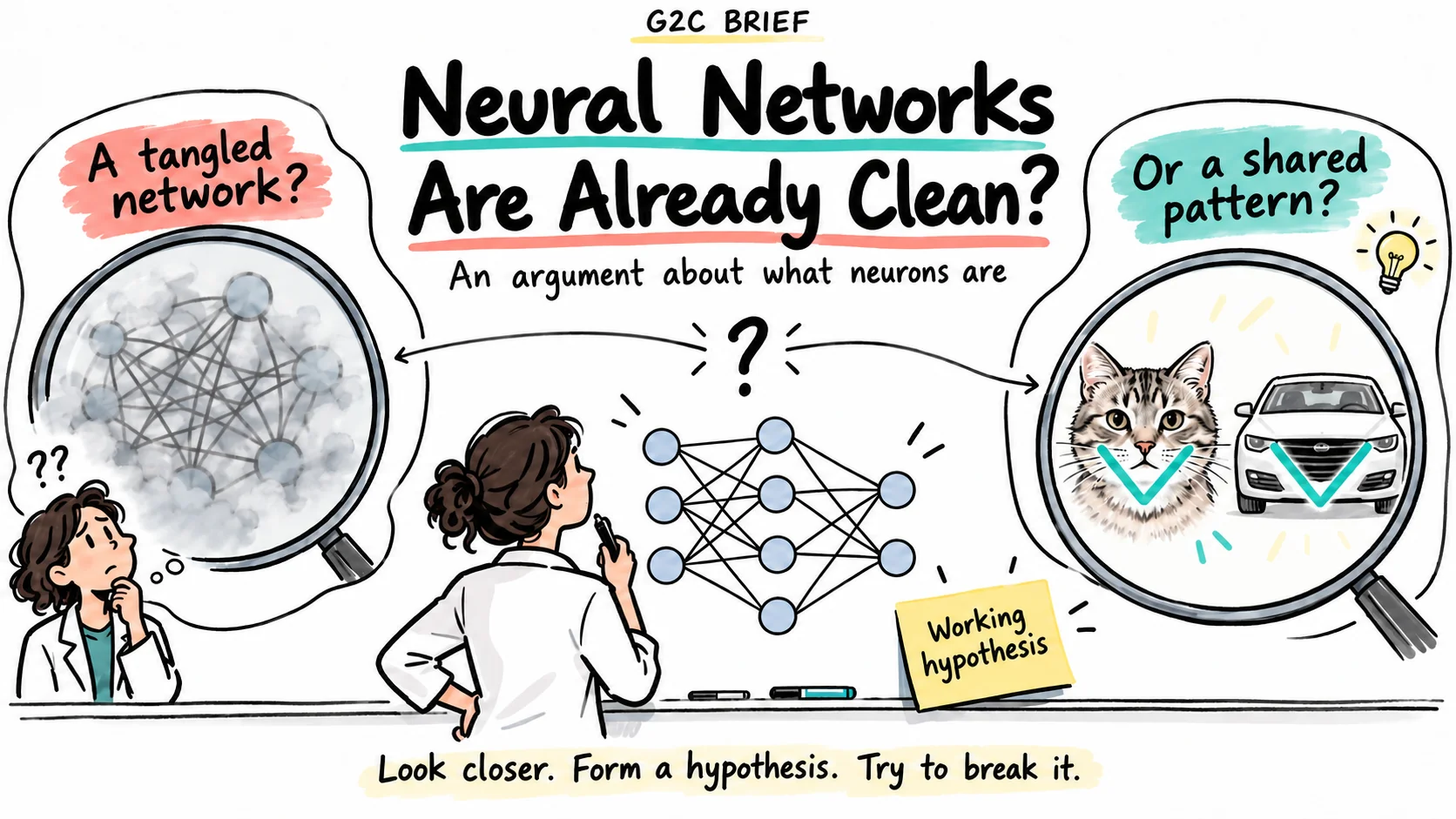 A whiteboard researcher compares an apparently tangled network with a closer view of a shared V-shaped pattern, asking whether the network or the microscope needs a better explanation.