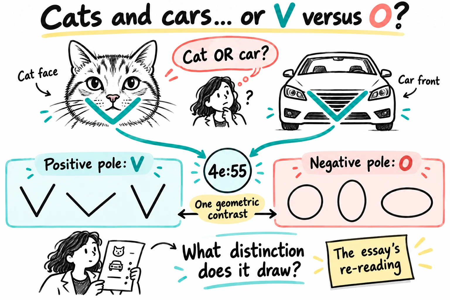 The pointed contours of a cat's face and a car's grille share a V shape; the 4e:55 neuron is re-read as contrasting V-like and O-like shapes across its positive and negative poles.