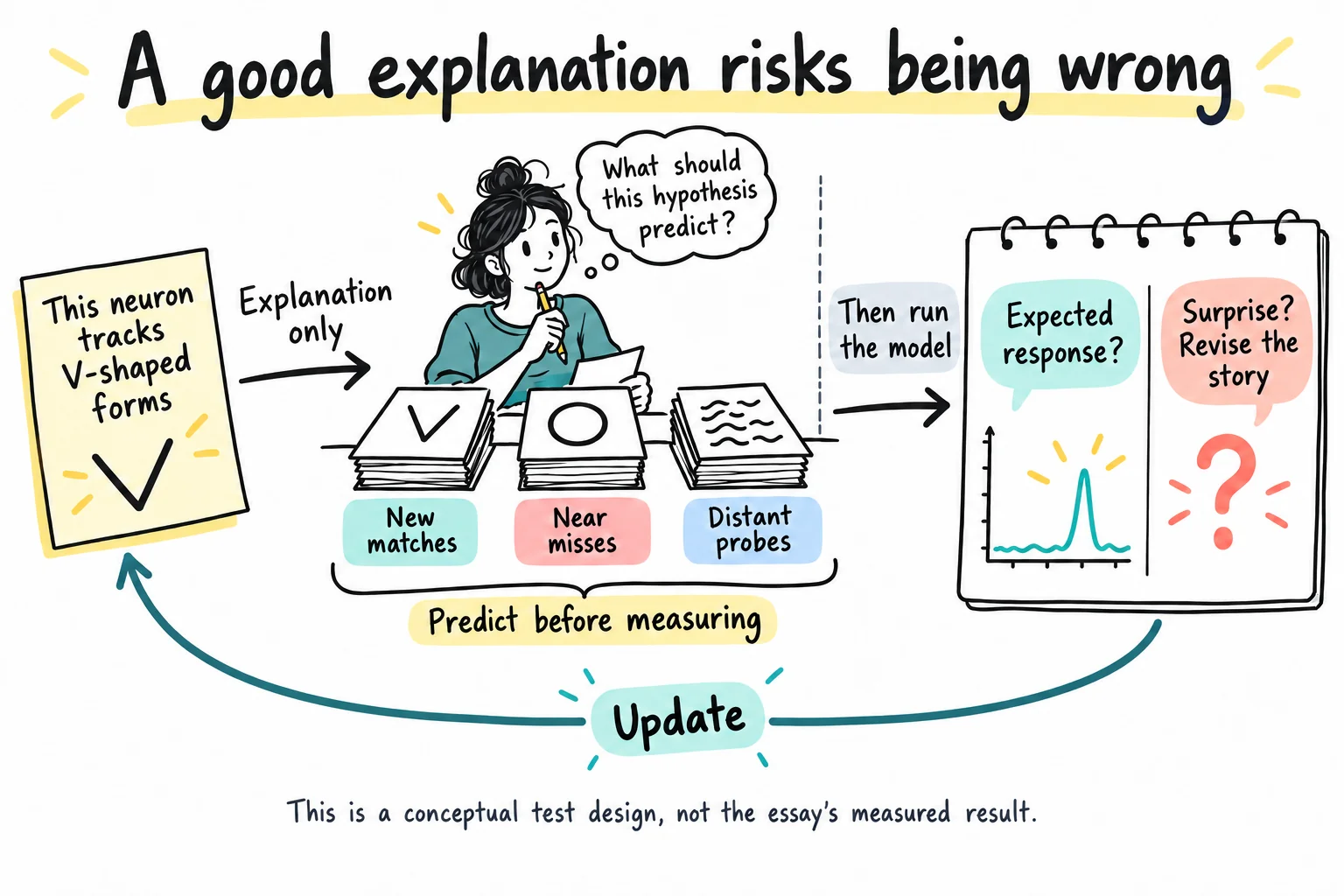 An explanation generates new matches, near misses, and distant probes before the model runs; measured responses can support the prediction or send the explanation back for revision.