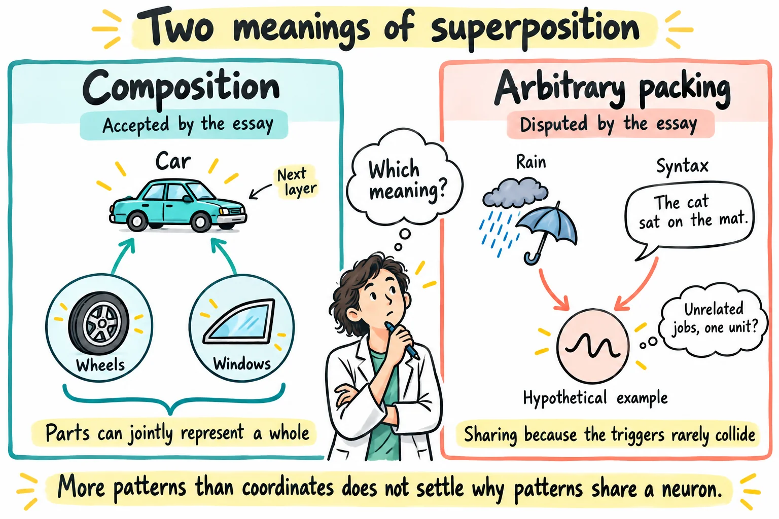Two meanings of superposition: wheels and windows compose a car representation, while a hypothetical unit responding to rain and syntax illustrates the separate claim of arbitrary packing.