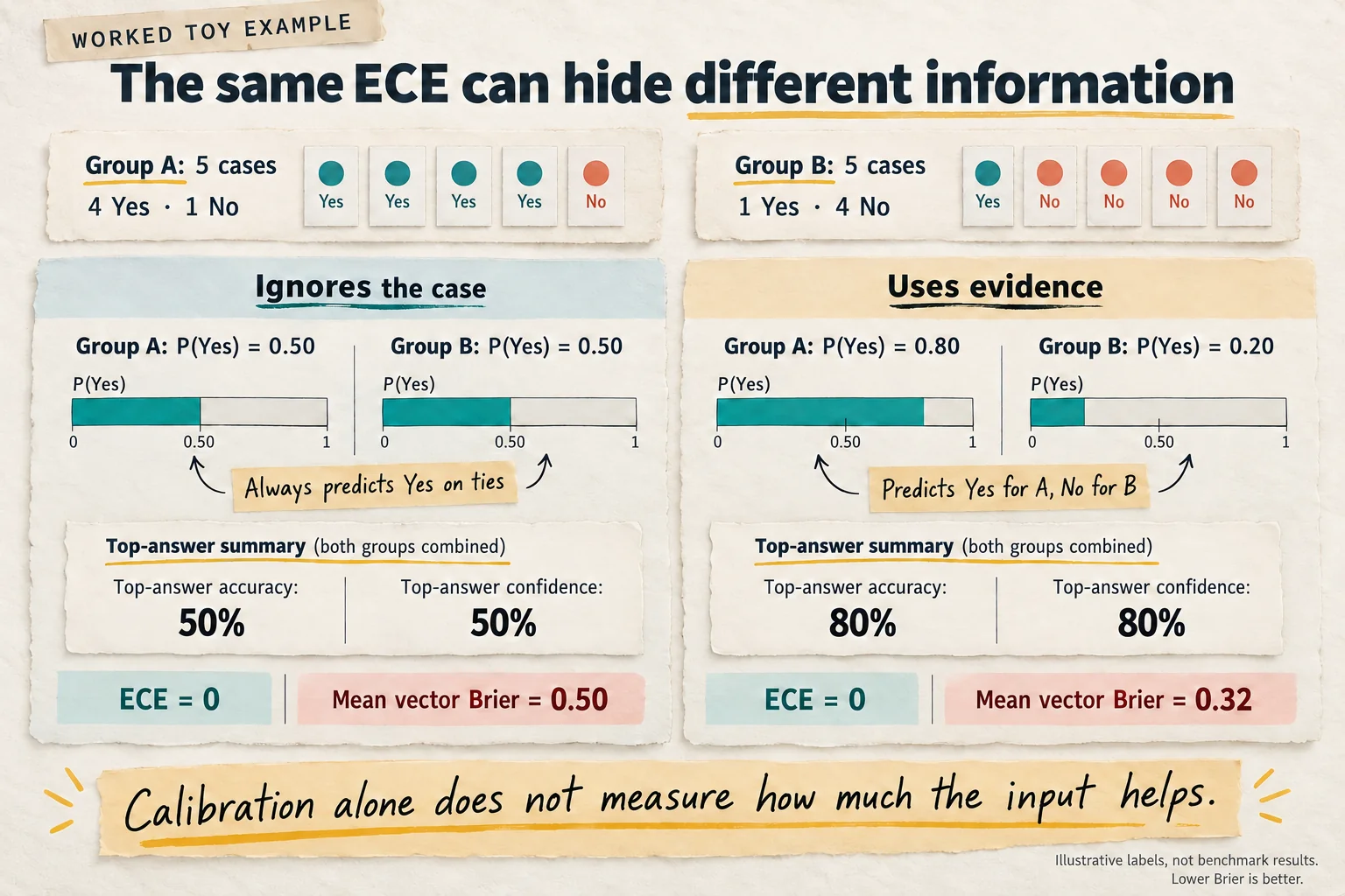 A ten-case toy example compares a constant 50 percent predictor with an evidence-sensitive predictor using 80 and 20 percent probabilities. Both have zero ECE, but their mean vector Brier scores are 0.50 and 0.32.