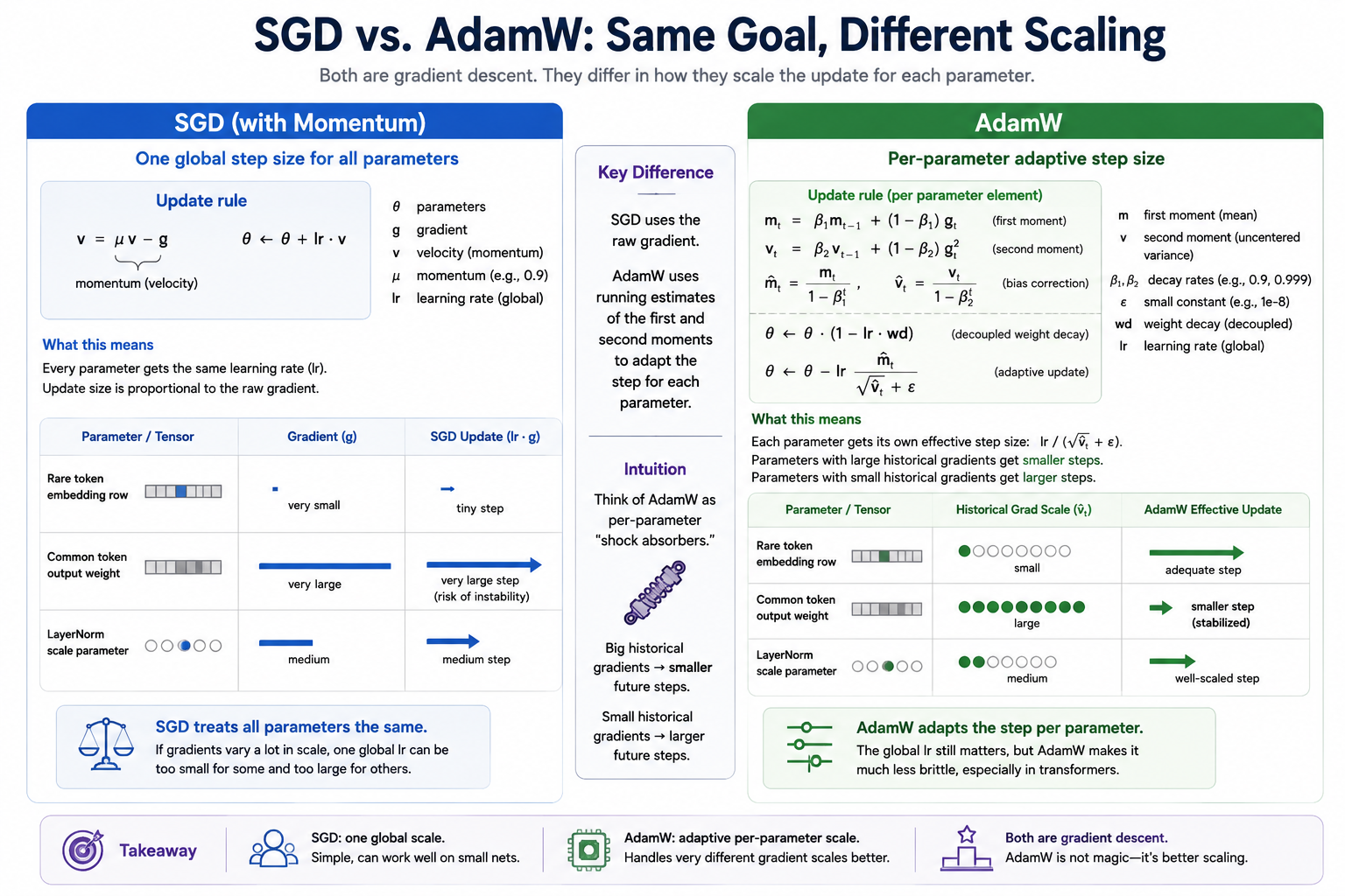 Side-by-side comparison of SGD and AdamW. SGD applies one global step size to every parameter using the raw gradient. AdamW maintains per-parameter first-moment m (smoothed direction) and second-moment v (squared-gradient scale), applies bias correction, and produces a per-parameter adaptive step. Bottom callouts contrast "every parameter the same" against "shock absorbers per parameter" and call out decoupled weight decay.