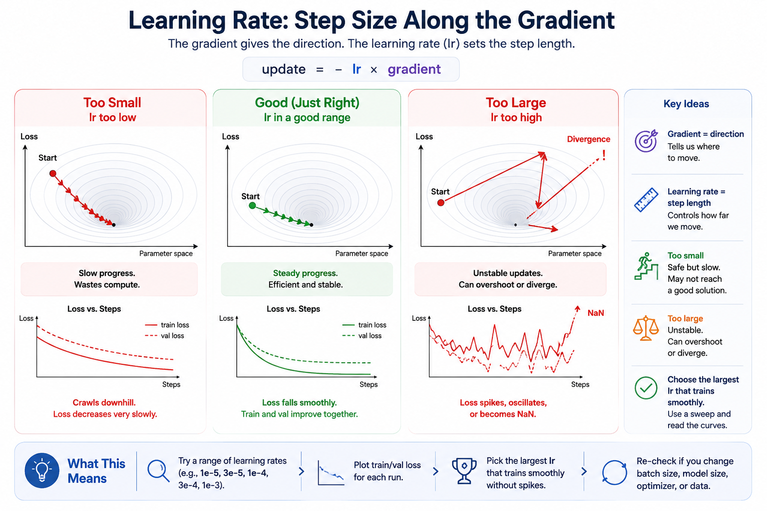 Three parameter-space trajectories — too small, just right, too large — paired with their loss-vs-steps curves. Too-small crawls toward the minimum, just-right descends steadily, too-large oscillates or diverges. A side panel summarizes the gradient-as-direction / lr-as-step-length intuition and the sweep workflow.