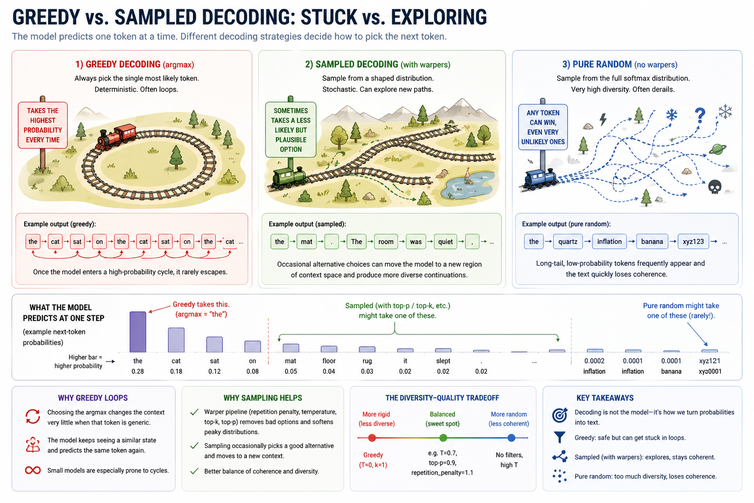 Three decoding strategies side-by-side as train tracks. (1) Greedy decoding (argmax) always picks the single most-likely token; the train runs the same closed loop forever — deterministic, often stuck. (2) Sampled decoding (with warpers) draws from a shaped distribution; the train branches to plausible alternatives and explores new regions of context space without derailing. (3) Pure random sampling from the full softmax sometimes lands on long-tail tokens like "quartz" or "xyz123"; the train hops the rails entirely. A probability-bar strip underneath shows what each strategy actually selects from the model's native distribution. Bottom panels summarize: greedy loops because the argmax doesn't shift the context enough to break the cycle; sampling helps because warpers (rep penalty, top-k/top-p, temperature) keep the candidate set plausible while admitting alternatives; the diversity-vs-quality dial slides between the two extremes.