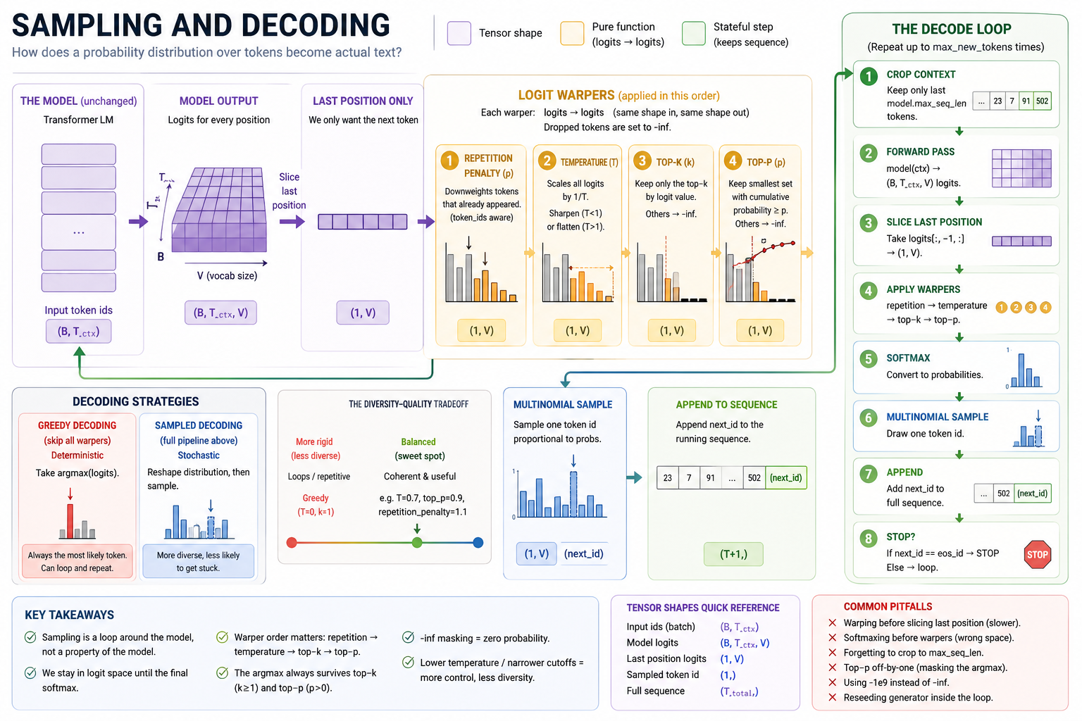 Sampling and decoding on one page: the trained TransformerLM (left) emits (B, T, V) logits at every step; only the last position's row, (1, V), is used. Four logit warpers — repetition penalty, temperature, top-k, top-p — apply in that order, each transforming logits to logits and setting dropped tokens to -inf. The warped logits go through softmax and multinomial to sample one new token id, which is appended to the running sequence. A side panel contrasts greedy decoding (skip every warper, take argmax — deterministic) with sampled decoding (full pipeline). The whole loop repeats max_new_tokens times.