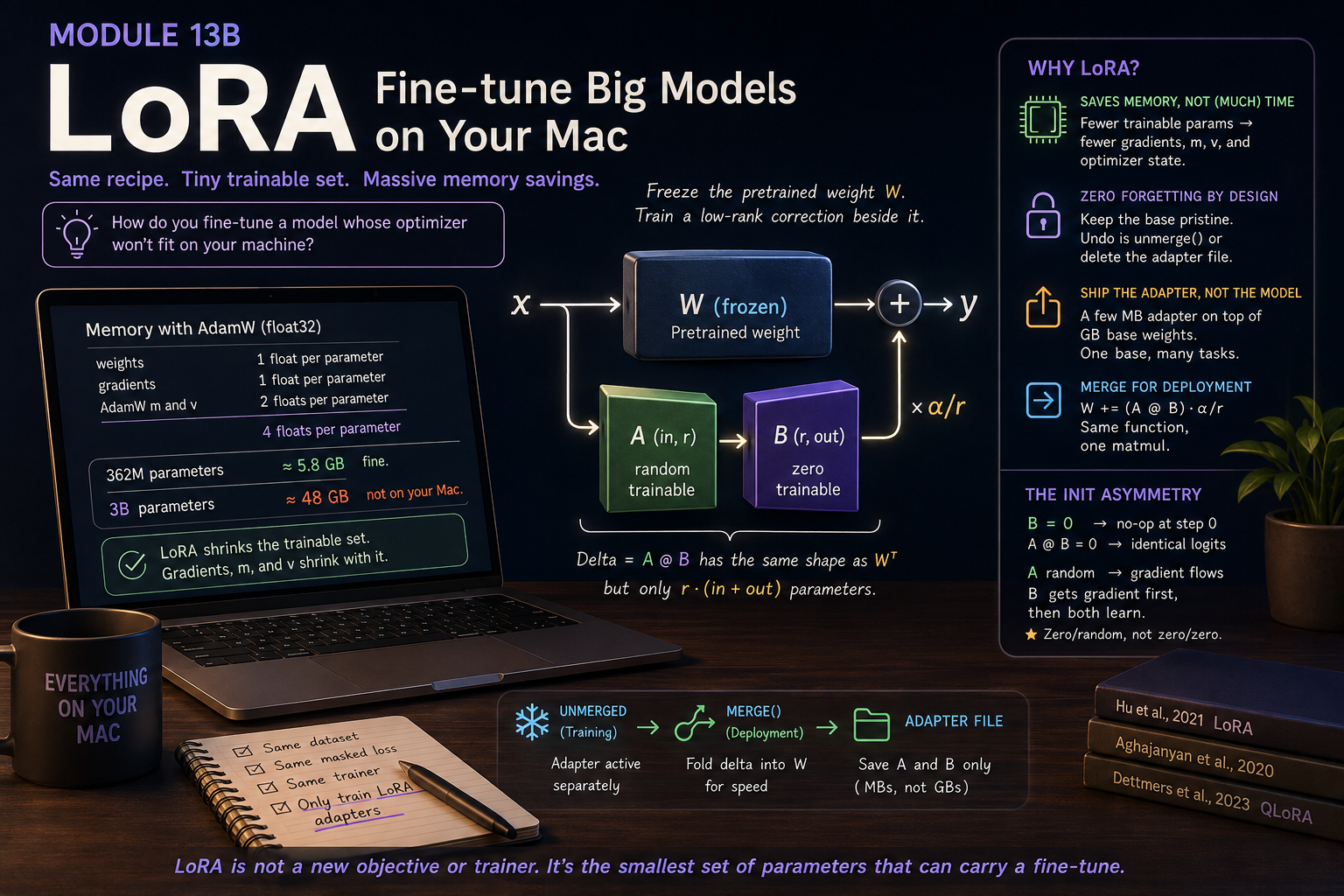 A frozen base weight beside a low-rank trainable adapter, with the memory and deployment benefits of LoRA summarized around them