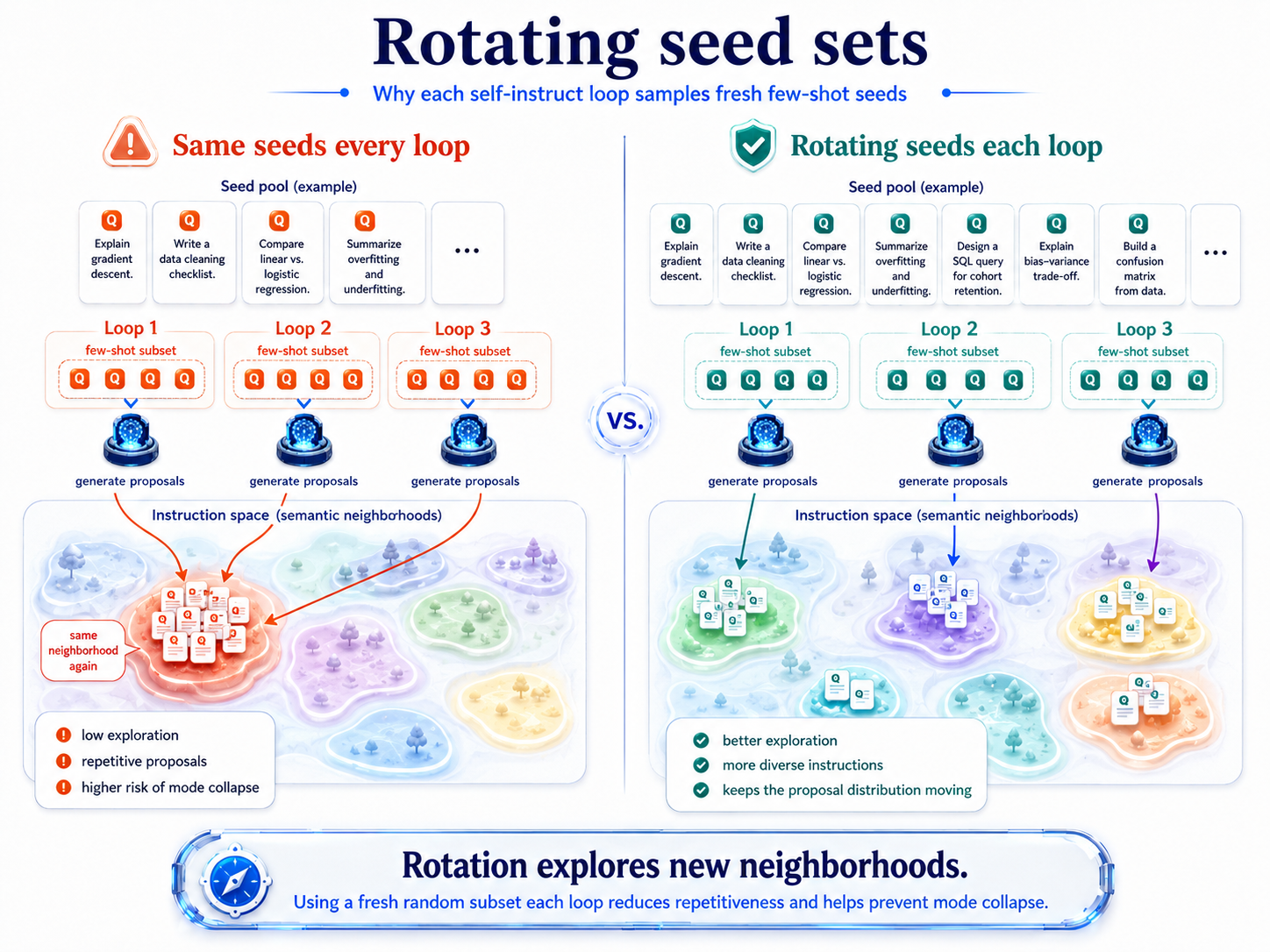 Repeatedly sampling the same few-shot seeds concentrates proposals in one semantic neighborhood, while rotating subsets explores different instruction neighborhoods